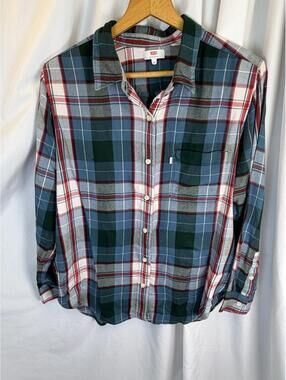 Levis Womens Green Plaid Button Up Long Sleeve Shirt Collared XL Preppy